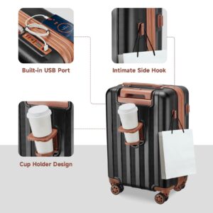 imiomo Luggage Sets 4 Piece Expandable Luggage Set, Hardside Carry on Suitcase with USB Port Cup Holder, Travel Luggage Suitcase with Spinner Wheels TSA Lock, Black Brown