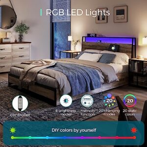 LINSY Queen Bed Frame with Ergonomic Headboard & 4 Drawers, Fast Assembly Bed Frame with LED Lights & Fast Charger, Bed Frame Queen Size with Storage, Noise Free, No Box Spring Needed, Greige