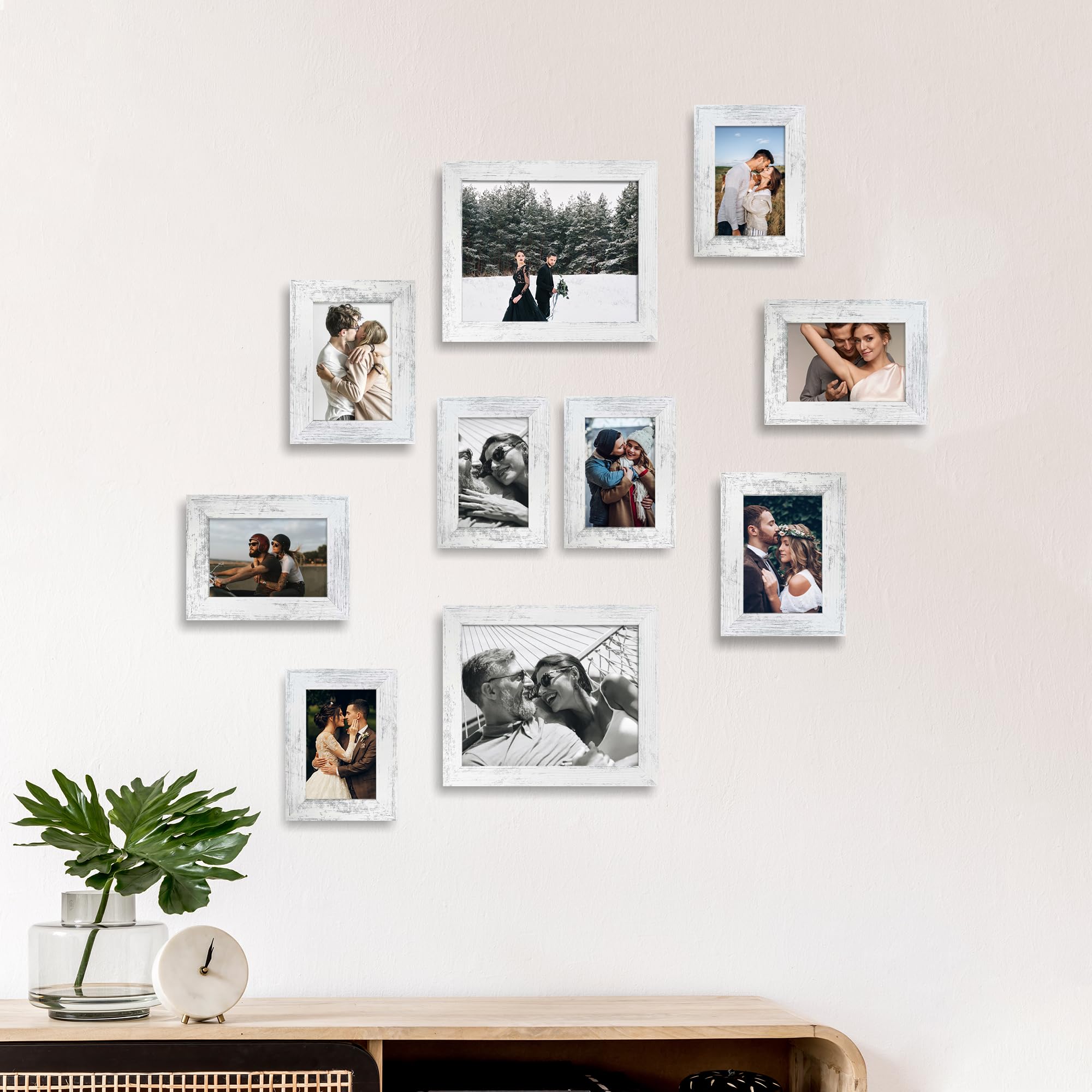 iRahmen Picture Frames 10 Pack, Gallery Wall Collage frame with Two 8x10, Four 5x7, Four 4x6, Photo Frame set for Hanging or Tabletop Display, Real Glass, Distressed White