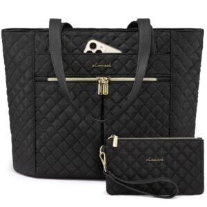 lovevook laptop bag for women 17 inch,diamond quilted work tote bags womens laptop tote bag computer shoulder bags,stylish travel tote bags laptop purse case briefcase handbag with clutch purse,black