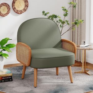 Aklaus Mid Century Modern Accent Chair Armchair with Rattan Arms Upholstered Rattan Boho Accent Chair for Living Room Bedroom Balcony Faux Leather Reading Chairs Side Club Chair Green