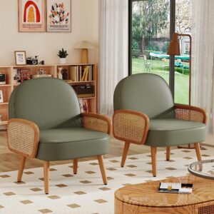 Aklaus Mid Century Modern Accent Chair Armchair with Rattan Arms Upholstered Rattan Boho Accent Chair for Living Room Bedroom Balcony Faux Leather Reading Chairs Side Club Chair Green