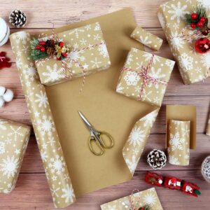 Christmas Wrapping Paper Roll, Brown Kraft Gift Wrapping Paper Jumbo Roll, Snowflake Christmas Wrapping Paper with Paper Rope, Christmas Wrapping Paper Roll for Girls Boys Women Men, 17x590 inch.