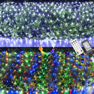 LYHOPE 12ft x 5ft 360 LED Christmas Net Lights, 11 Modes 30V Christmas Net Lights, Clear White-Multi Color Changing Mesh Decorative Net Lights for Xmas Tree Bush Wedding Garden Outdoor Indoor Decor