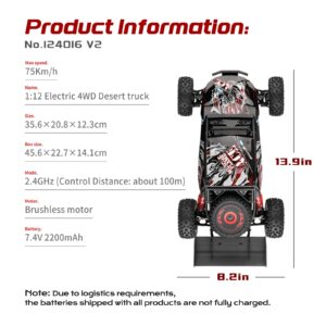 CKYSCHN WLtoys 124016(V2) Fast RC Cars, 75km/h Brushless RC Buggy Trucks, 1/12 Scale 4x4 Fast Remote Control Car, High Speed Off Road Hobby RC Car Adults with 2 Batteries