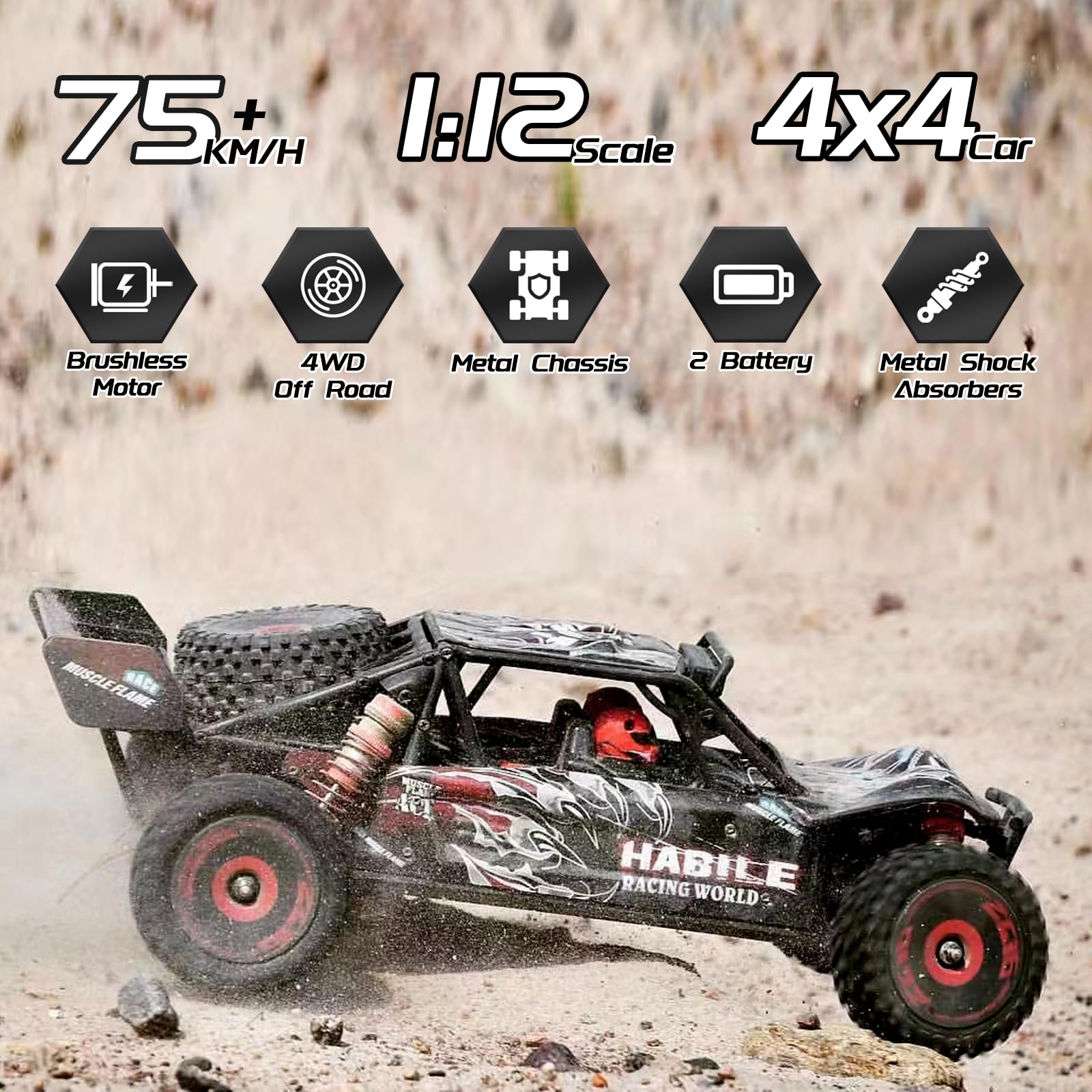 CKYSCHN WLtoys 124016(V2) Fast RC Cars, 75km/h Brushless RC Buggy Trucks, 1/12 Scale 4x4 Fast Remote Control Car, High Speed Off Road Hobby RC Car Adults with 2 Batteries