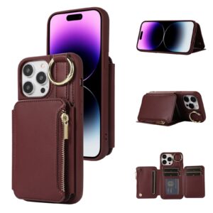 furiet wallet case for iphone 11 pro 5.8 with wrist shoulder strap card holder ring stflip pu leather 6+ slots zipper rfid blocking phone cover for iphone11pro iphone11 i xi 11s 11pro wine red