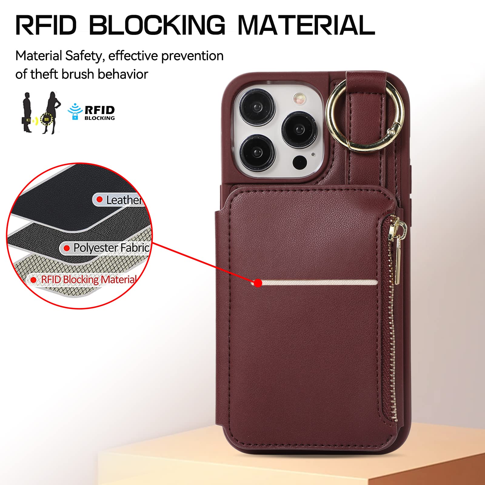 Furiet Wallet Case for iPhone 11 Pro 5.8 with Wrist Shoulder Strap Card Holder Ring StFlip PU Leather 6+ Slots Zipper RFID Blocking Phone Cover for iPhone11pro iPhone11 i XI 11s 11pro Wine Red