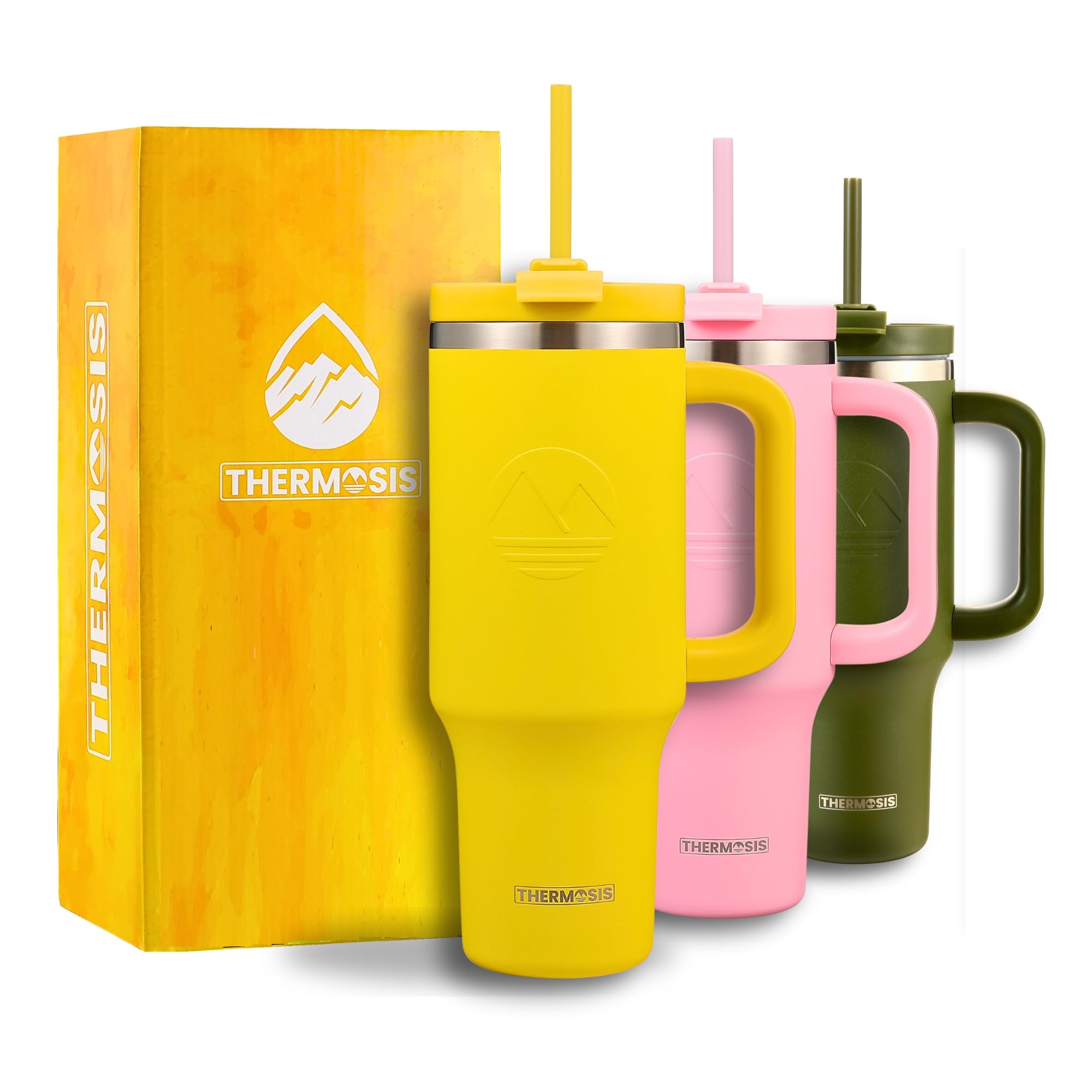 Thermosis 40 oz Tumbler with Handle and Straw | Leakproof Tumbler with Straw Insulated Travel Mug Fits Cupholders | Insulated Cup 40 oz Water Bottle with Straw Stainless Steel Tumbler - Yellow