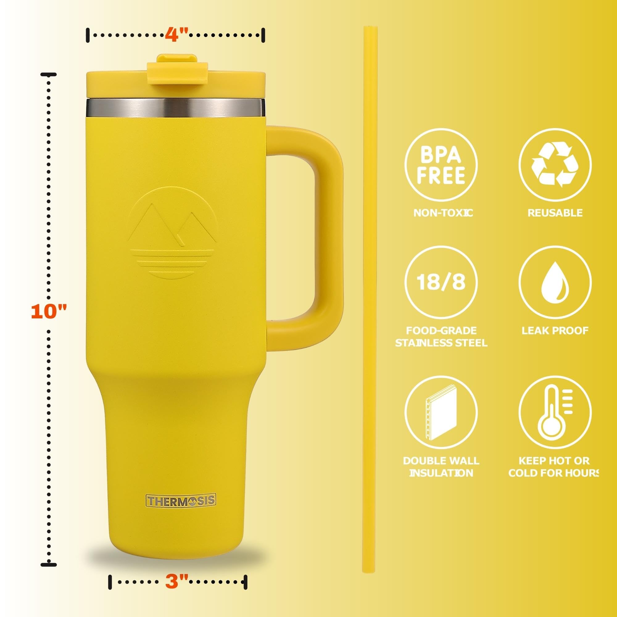 Thermosis 40 oz Tumbler with Handle and Straw | Leakproof Tumbler with Straw Insulated Travel Mug Fits Cupholders | Insulated Cup 40 oz Water Bottle with Straw Stainless Steel Tumbler - Yellow