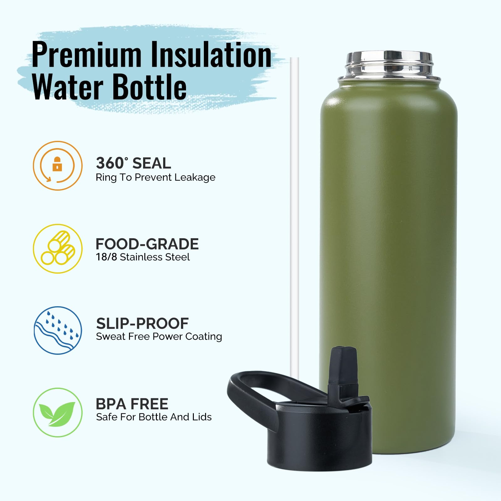 Kerilyn Stainless Steel Water bottle with Straw & Wide Mouth Lid, Wide Rotating Handle, 40oz Double Wall Vacuum Insulated Water Bottle Leak Proof, BPA Free, Keep Cold and Hot, 40oz, Army Green