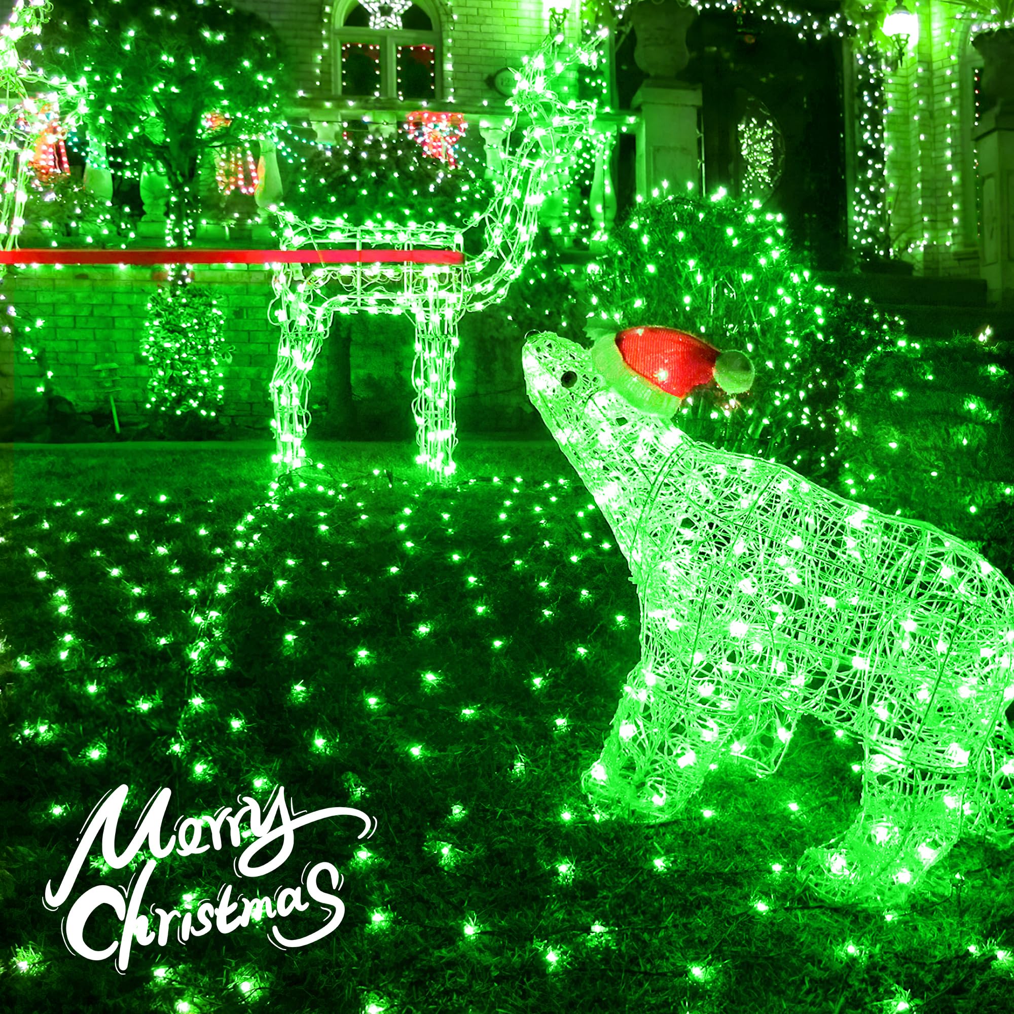 oopswow 9.8ft x 6.6ft 192 LED Christmas Net Lights,8 Modes 30V Low Voltage Mesh Fairy String Lights for Christmas Trees, Bushes, Wedding, Garden, Outdoor Decorations (Green)