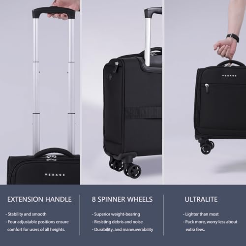 Verage Underseat Carry On Luggage with Spinner Wheels Small Suitcase Softside Lightweight Travel Bag Suitcase for Airlines, Men Women, Pilots and Crew