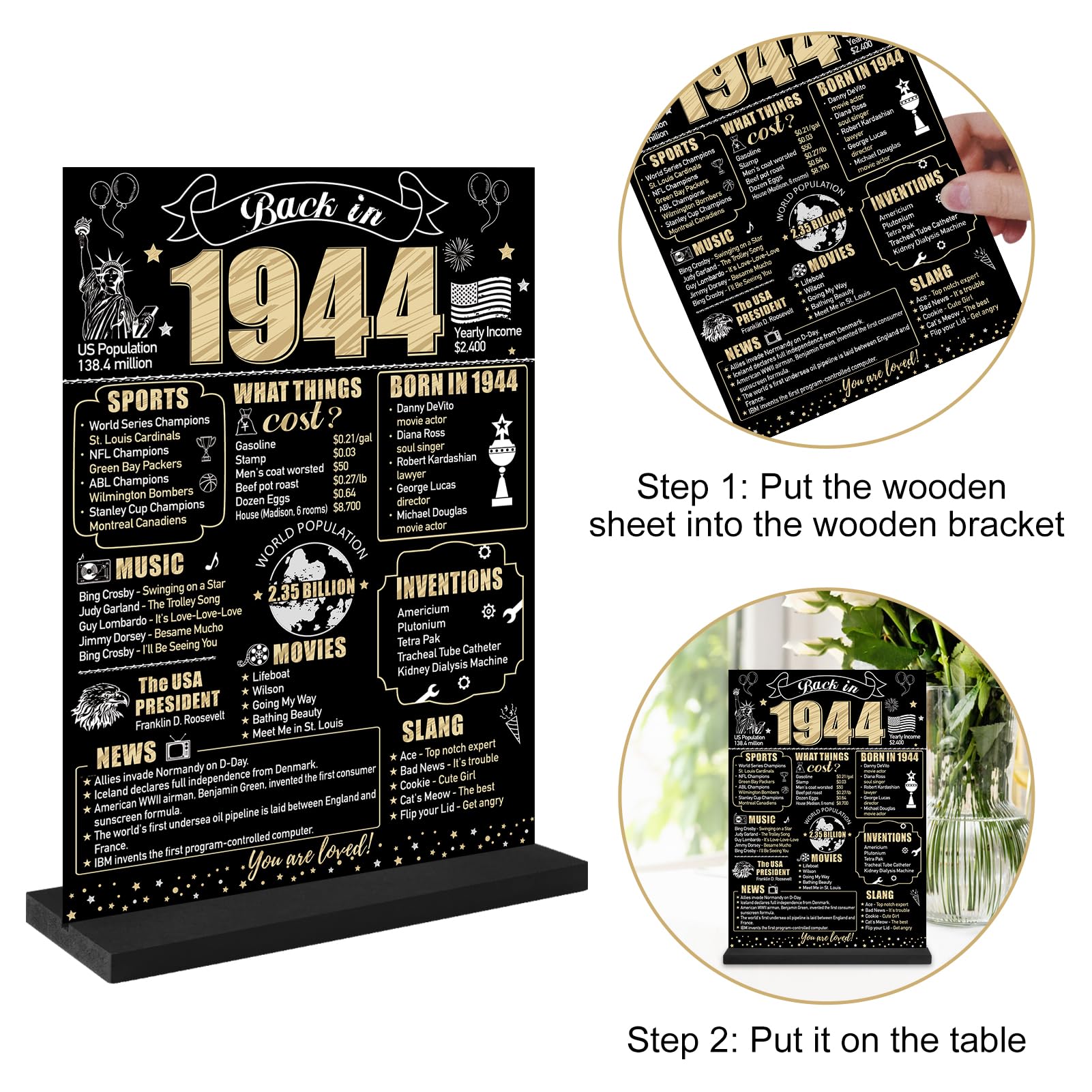 Eiurteao Black Gold 80th Birthday Decorations Back in 1944 Table Sign for Women Men, Two-sided 80 Birthday Wooden Poster with Stand Party Supplies, Eighty Year Old Bday Display Holder Table Decor