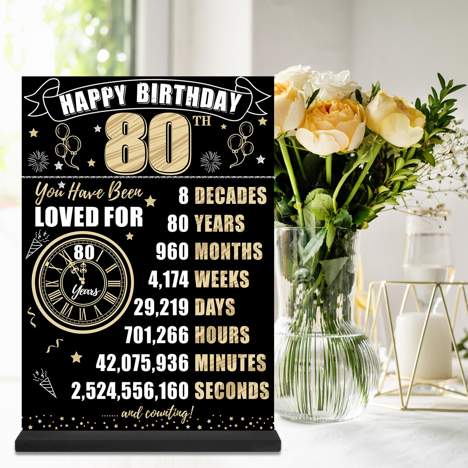 Eiurteao Black Gold 80th Birthday Decorations Back in 1944 Table Sign for Women Men, Two-sided 80 Birthday Wooden Poster with Stand Party Supplies, Eighty Year Old Bday Display Holder Table Decor