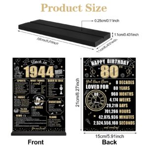 Eiurteao Black Gold 80th Birthday Decorations Back in 1944 Table Sign for Women Men, Two-sided 80 Birthday Wooden Poster with Stand Party Supplies, Eighty Year Old Bday Display Holder Table Decor