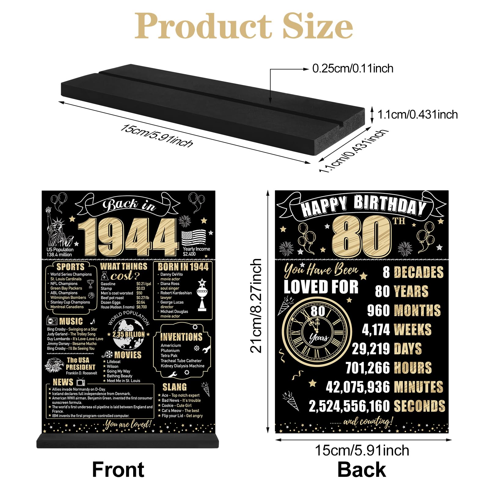 Eiurteao Black Gold 80th Birthday Decorations Back in 1944 Table Sign for Women Men, Two-sided 80 Birthday Wooden Poster with Stand Party Supplies, Eighty Year Old Bday Display Holder Table Decor