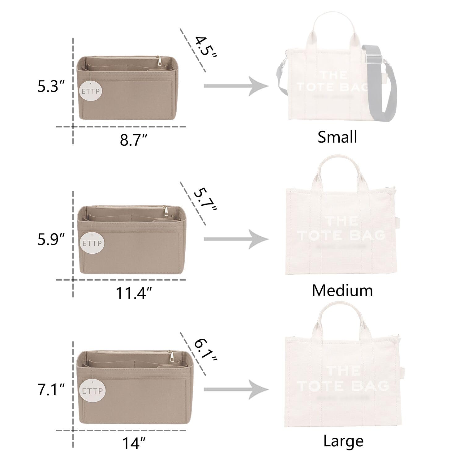 ETTP Purse Organizer Insert For Handbags, Tote Bag Organizer Insert, Compatible with MJ Tote and Onthego (Small, Beige)