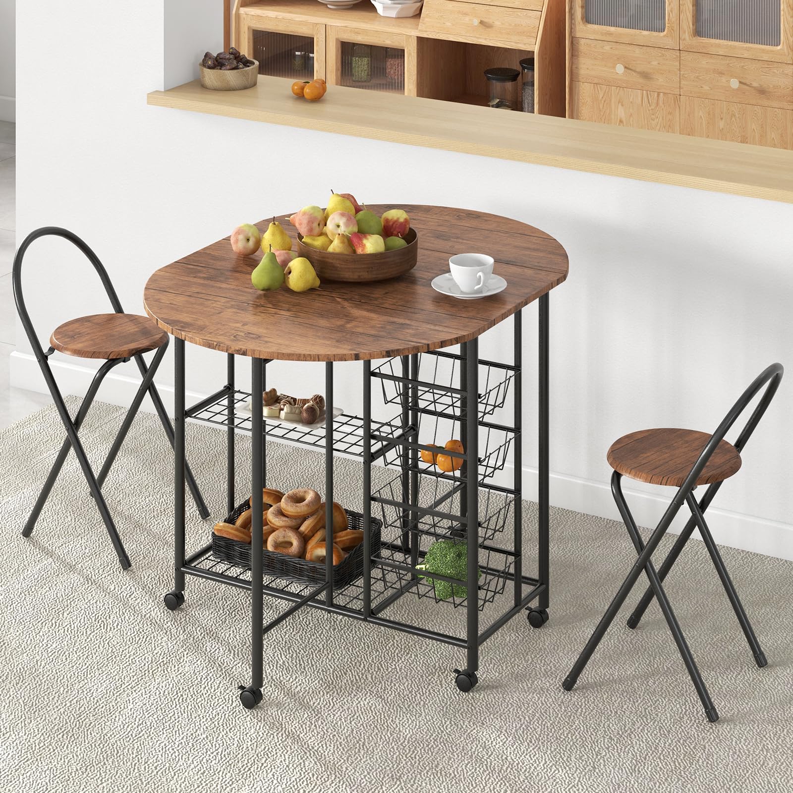 Giantex 3PCS Counter Height Table Set, Drop Leaf Dining Table & 2 Foldable Stools, Folding Table with Storage & 6 Wheels, Industrial Space Saving Bar Set for Kitchen Dining Room