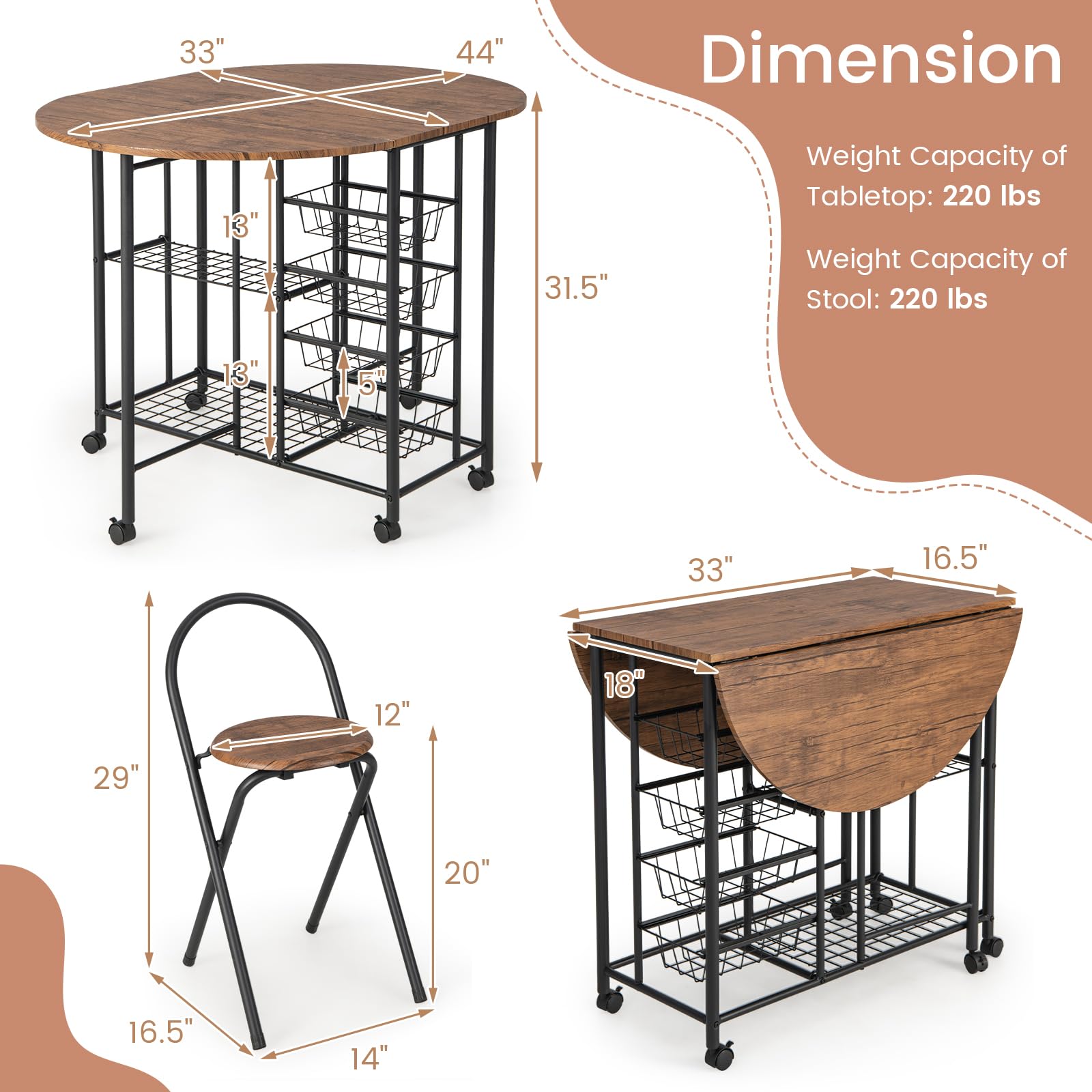 Giantex 3PCS Counter Height Table Set, Drop Leaf Dining Table & 2 Foldable Stools, Folding Table with Storage & 6 Wheels, Industrial Space Saving Bar Set for Kitchen Dining Room