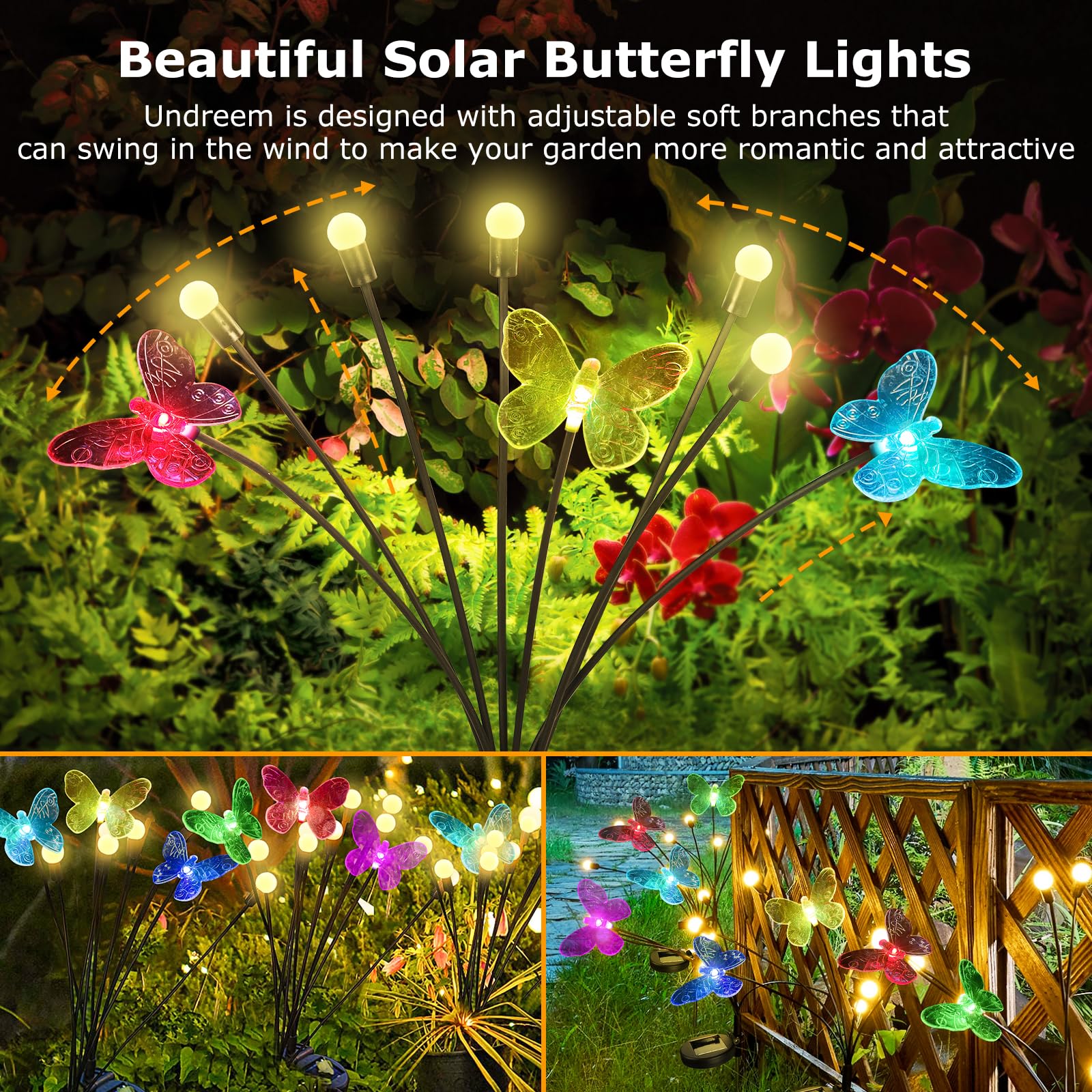 undreem for Garden Decor Solar Butterfly Lights: 4 Packs Solar Firefly Lights for Outdoor Patio Decorative - Waterproof Butterfly Solar Light for Outside Yard Lawn Decorations