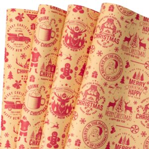 ruspepa kraft wrapping paper sheets - christmas red elements design - 12 folded sheets-19.68 x 27.5 inch