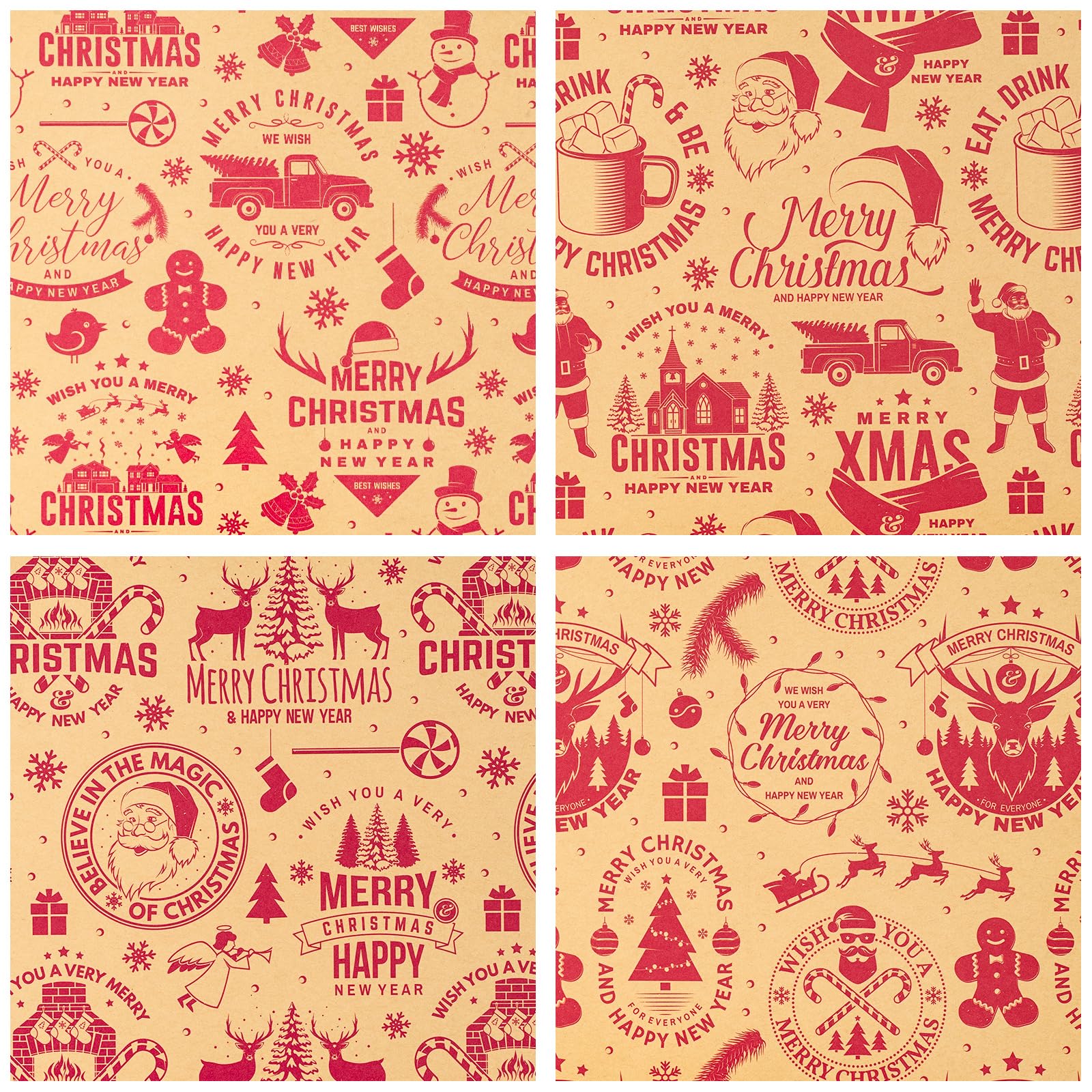 RUSPEPA Kraft Wrapping Paper Sheets - Christmas Red Elements Design - 12 Folded Sheets-19.68 X 27.5 Inch