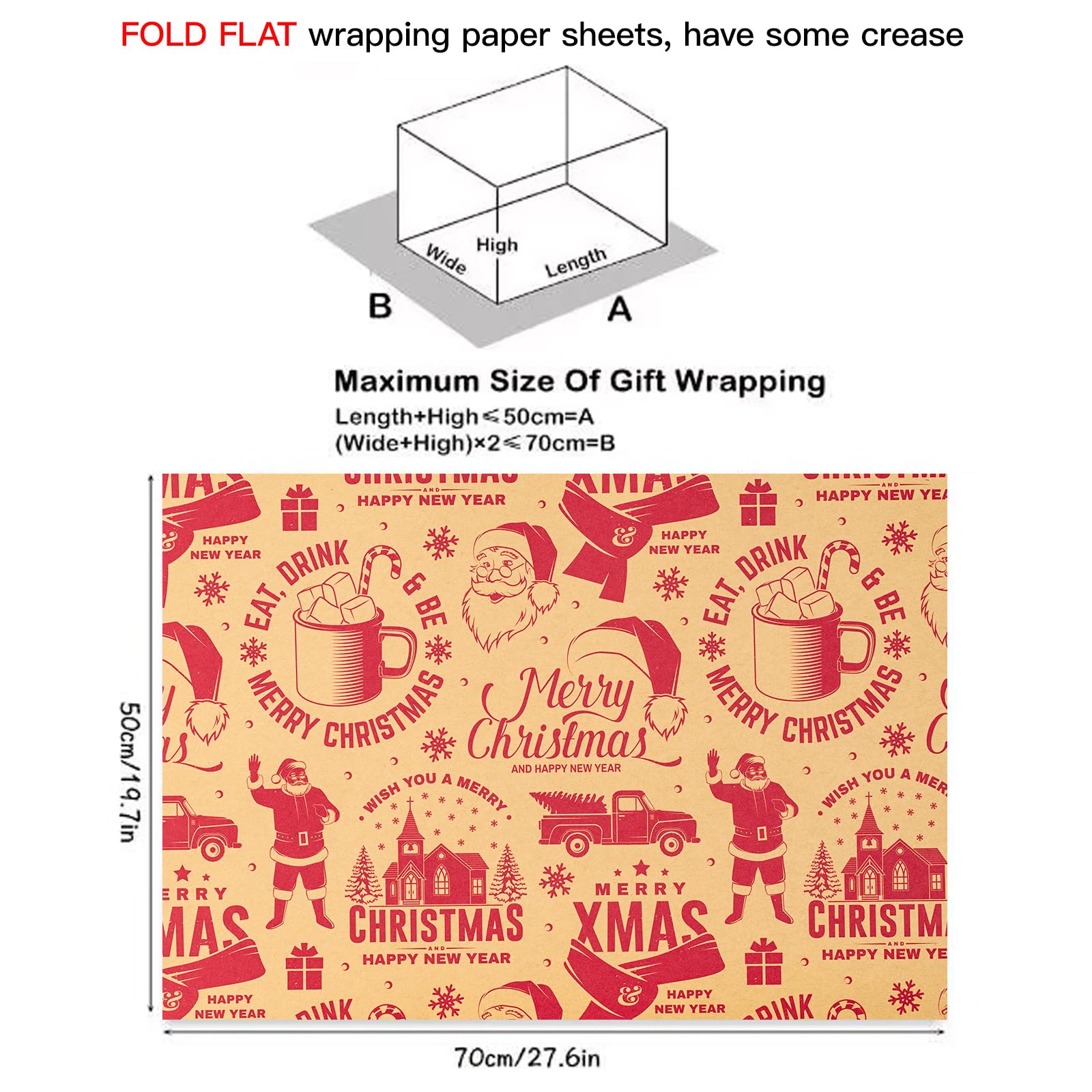 RUSPEPA Kraft Wrapping Paper Sheets - Christmas Red Elements Design - 12 Folded Sheets-19.68 X 27.5 Inch