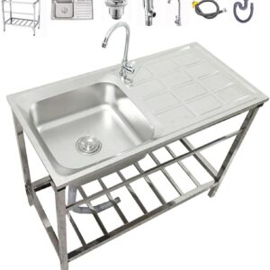 Free Standing Stainless Steel Sink,Commercial Restaurant Kitchen Sink Set,with Workbench Storage Shelves and Water Faucet,for Indoor Outdoor Laundry Garage