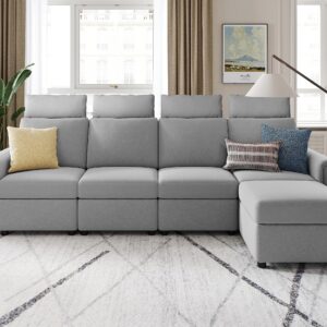 LINSY HOME Modular Sectional Sofa, Upgraded High Back Sectional Couch with 4 Headrests, L Shaped Sofa Bed with Storage, Sofa Covers Removable, 5 Seat Couch with Ottoman for Living Room, Grey