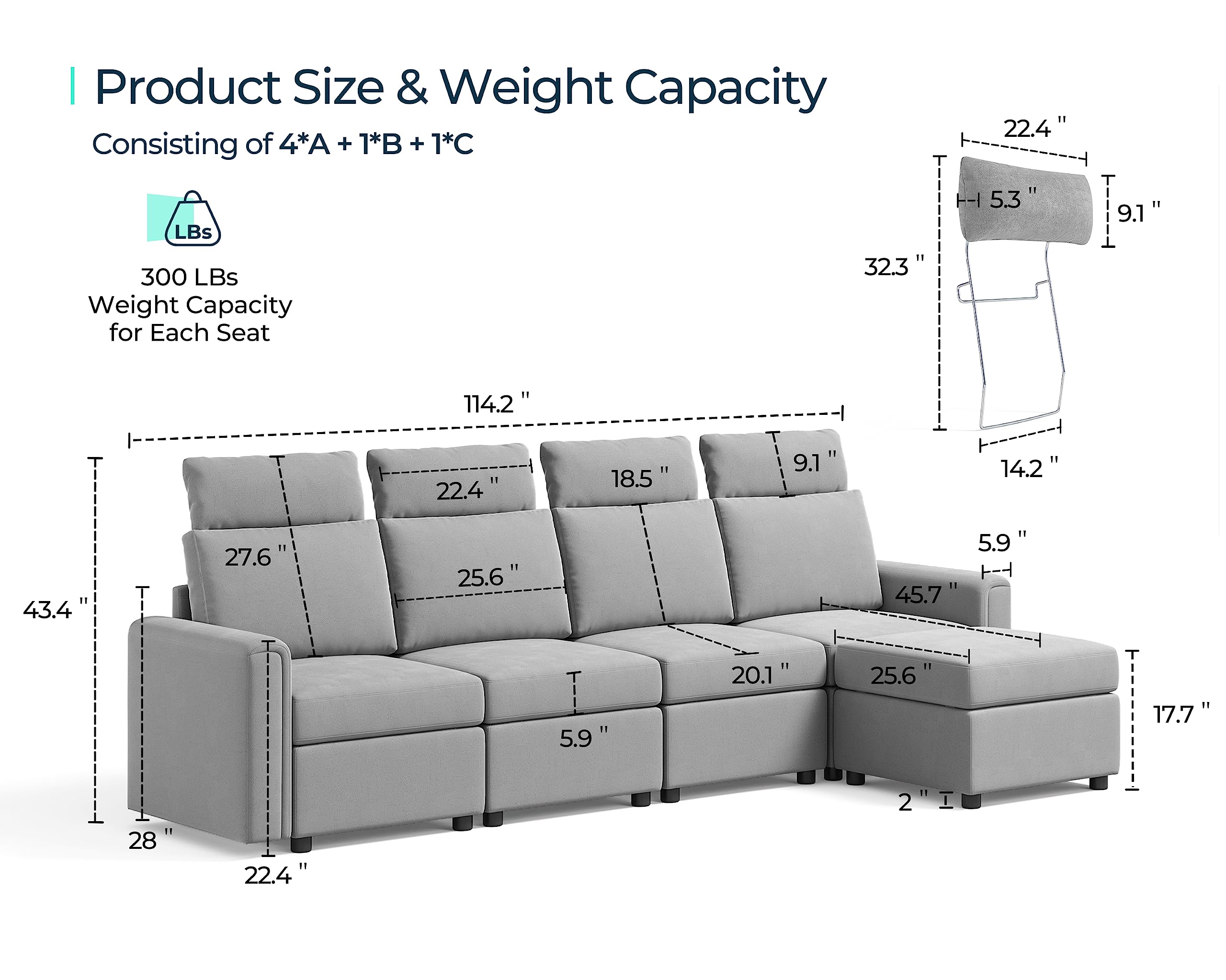 LINSY HOME Modular Sectional Sofa, Upgraded High Back Sectional Couch with 4 Headrests, L Shaped Sofa Bed with Storage, Sofa Covers Removable, 5 Seat Couch with Ottoman for Living Room, Grey