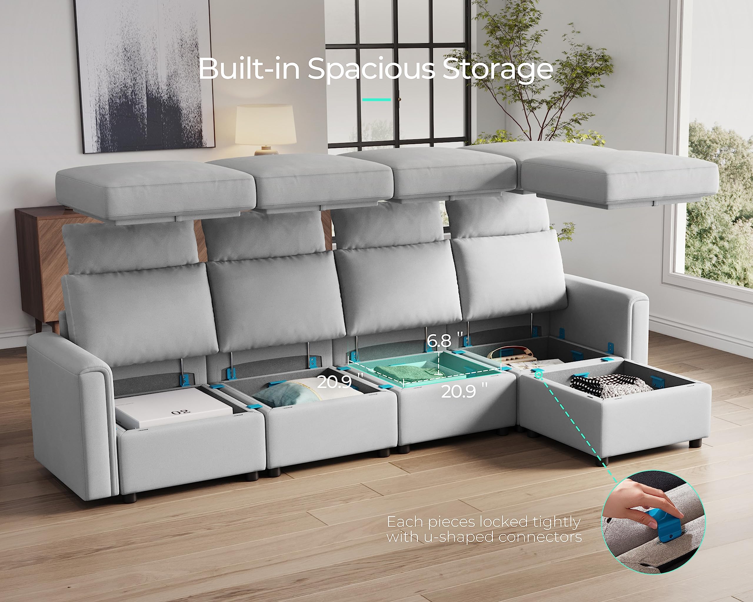 LINSY HOME Modular Sectional Sofa, Upgraded High Back Sectional Couch with 4 Headrests, L Shaped Sofa Bed with Storage, Sofa Covers Removable, 5 Seat Couch with Ottoman for Living Room, Grey