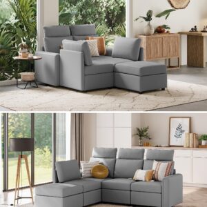 LINSY HOME Modular Sectional Sofa, Upgraded High Back Sectional Couch with 4 Headrests, L Shaped Sofa Bed with Storage, Sofa Covers Removable, 5 Seat Couch with Ottoman for Living Room, Grey