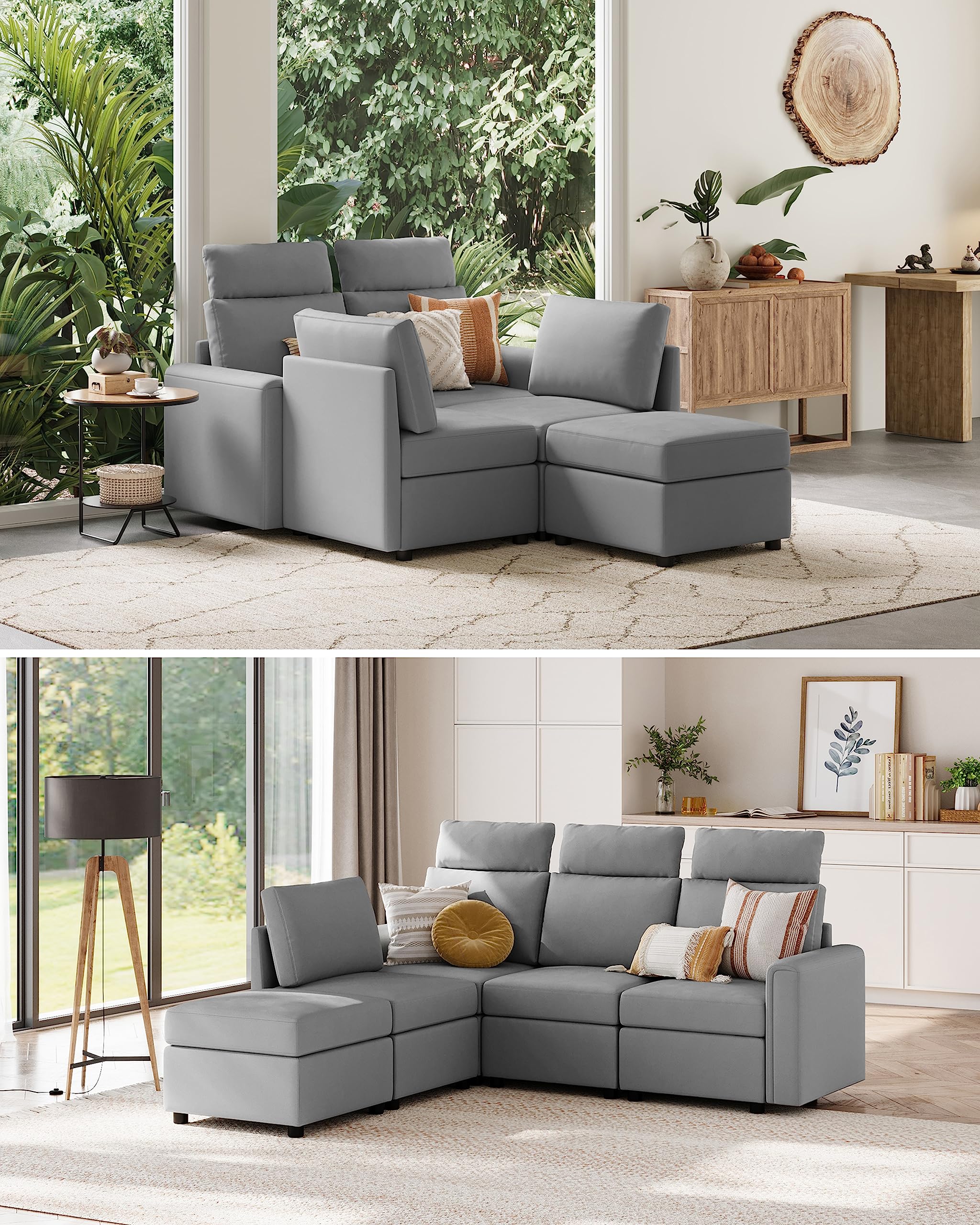 LINSY HOME Modular Sectional Sofa, Upgraded High Back Sectional Couch with 4 Headrests, L Shaped Sofa Bed with Storage, Sofa Covers Removable, 5 Seat Couch with Ottoman for Living Room, Grey