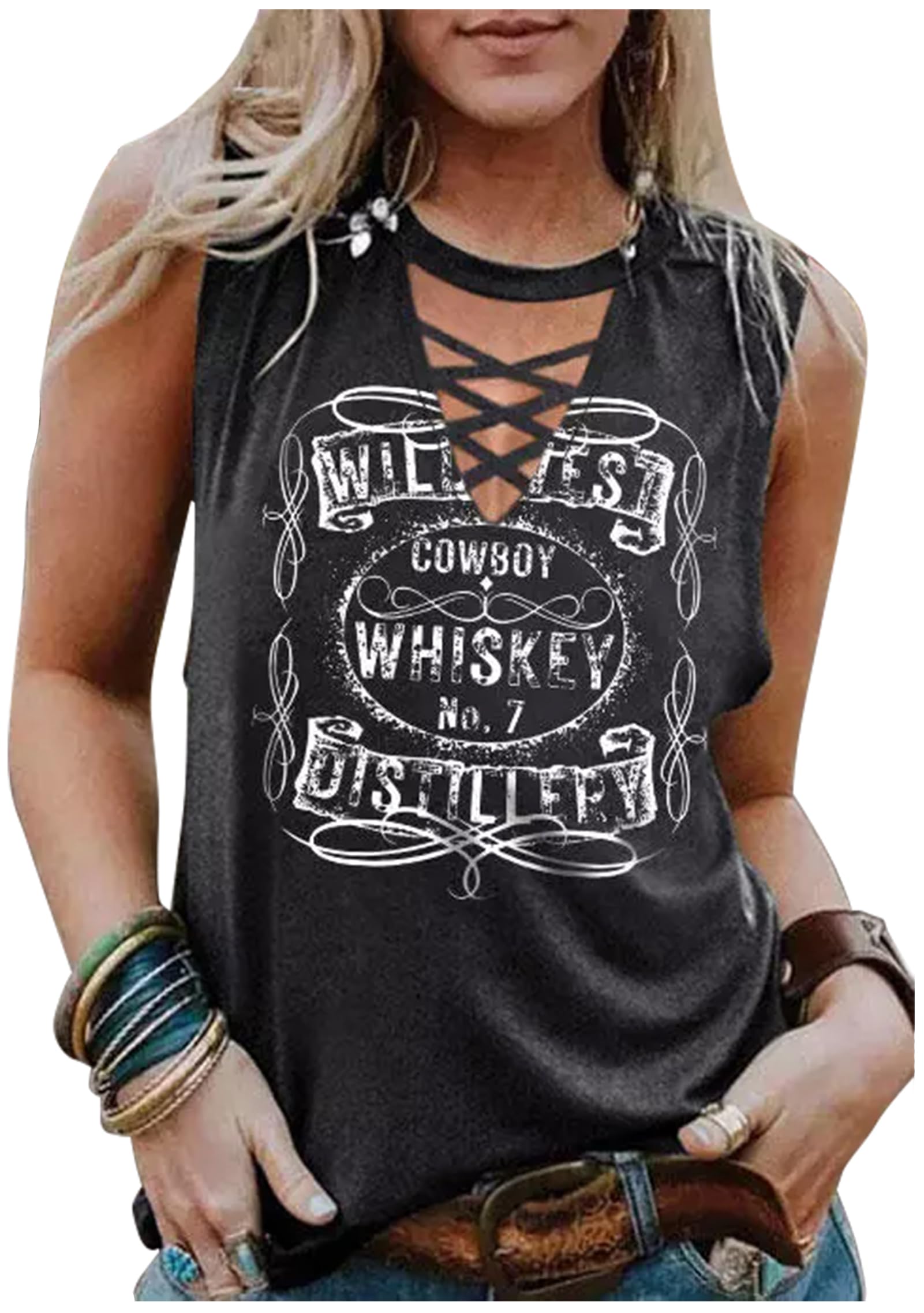 Cowboy Whiskey Criss-Cross Hollow Out Tank Tops Womens Summer Sexy Deep V Neck Tank Casual Loose-Fit Sleeveless T Shirts(Dark Grey-02,2X-Large)