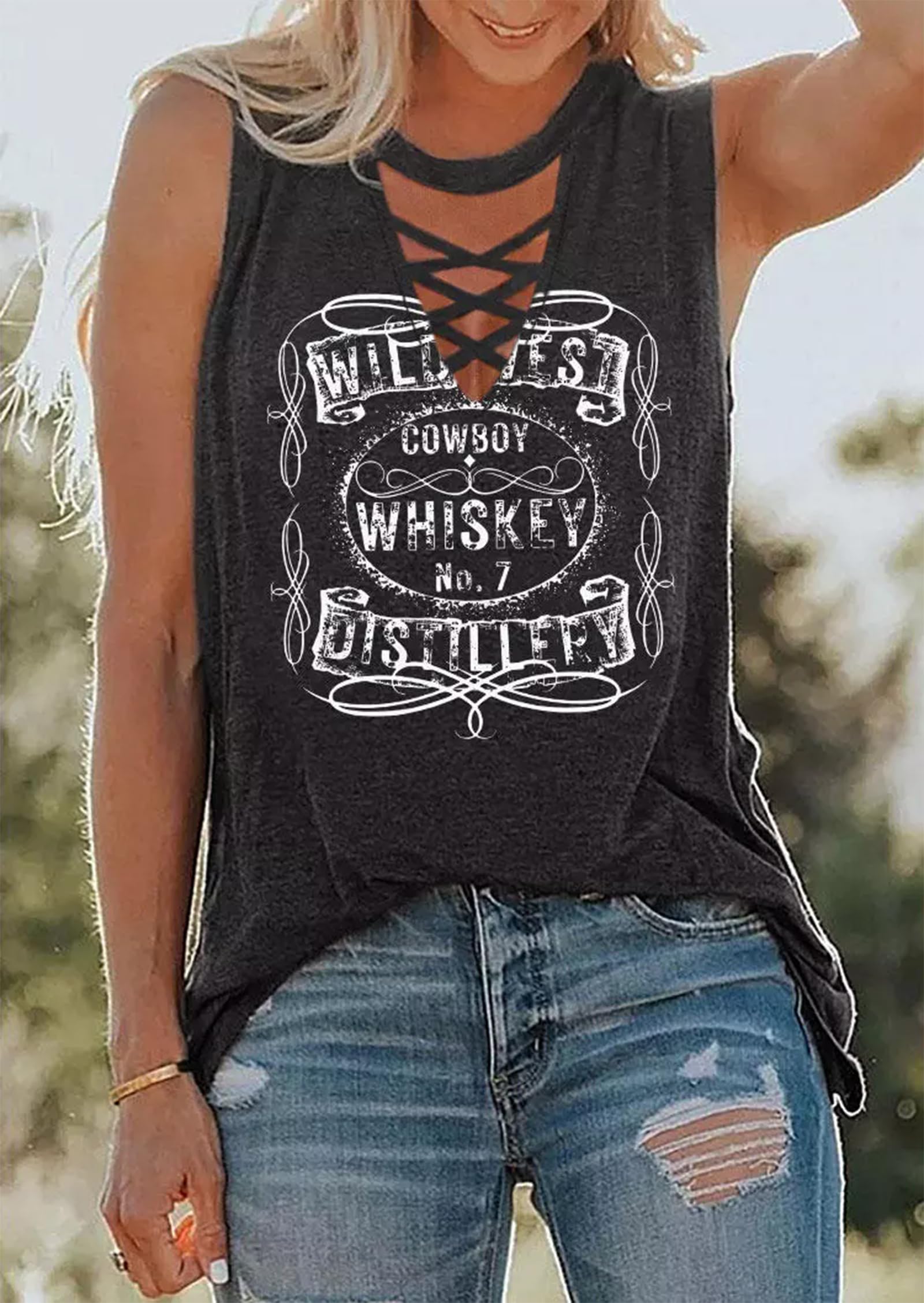 Cowboy Whiskey Criss-Cross Hollow Out Tank Tops Womens Summer Sexy Deep V Neck Tank Casual Loose-Fit Sleeveless T Shirts(Dark Grey-02,2X-Large)