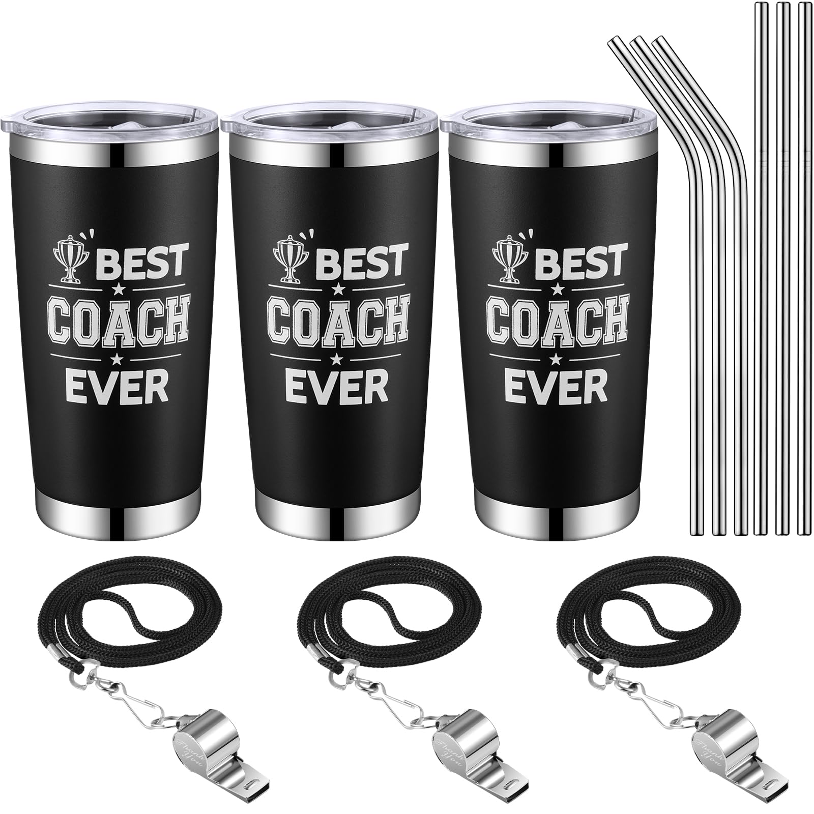 Didaey 3 Sets Coach Gifts Best Coach Ever, 20 oz with Whistle and Straws, Stainless Steel Travel Tumbler Coffee Mug Appreciation Thank You Gift Graduation Gift for Basketball Soccer Softball Coach