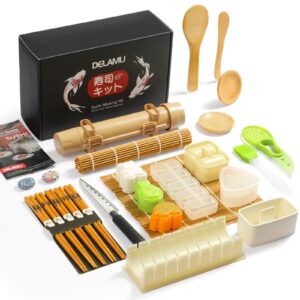 delamu sushi making kit 27 in 1 [parent-child] sushi kit, for beginners/pros sushi makers, with bamboo sushi mats, sushi bazooka, onigiri mold, rice paddle, sushi knife, guide book & more