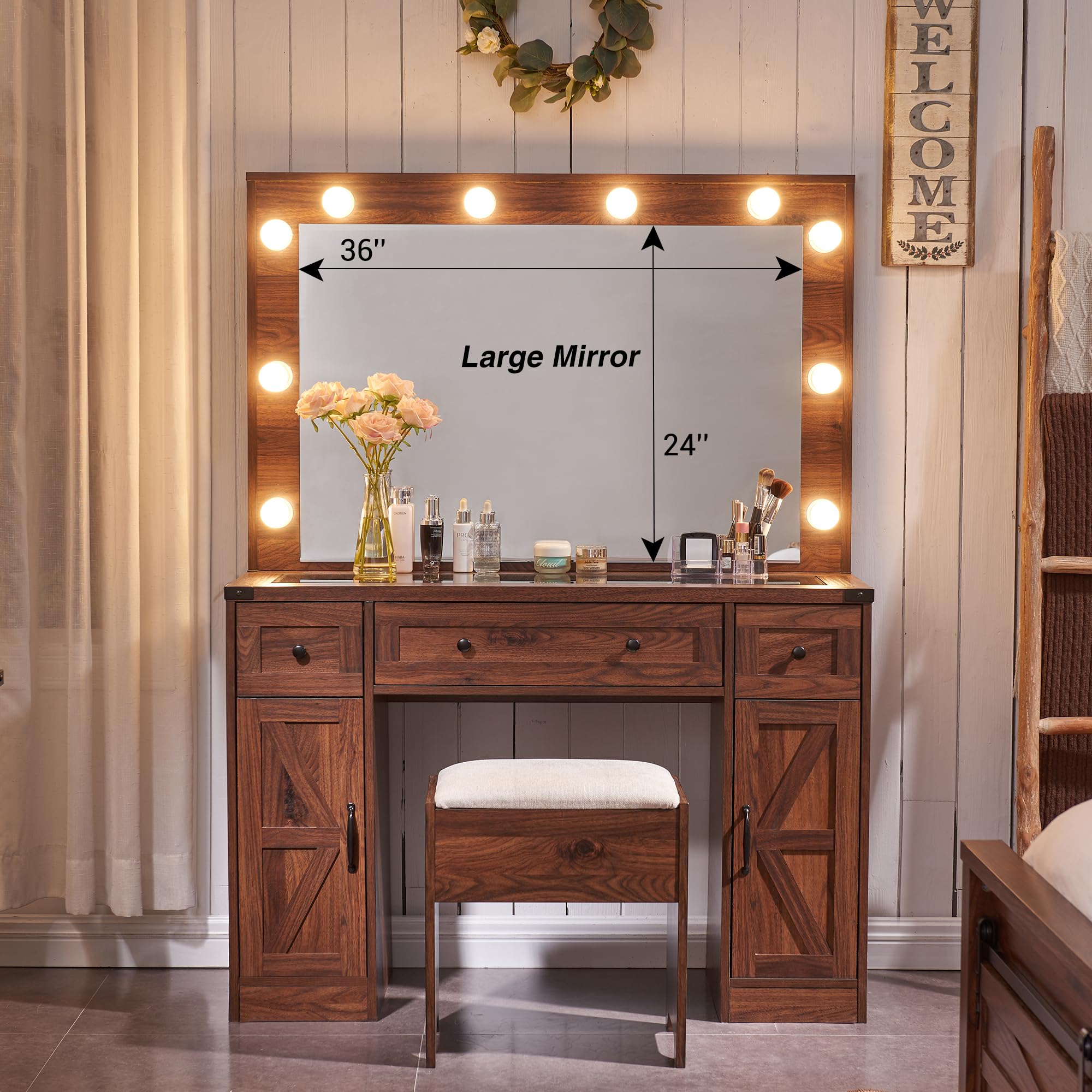 JXQTLINGMU 43" Makeup Vanity Desk with Mirror and Lights, Farmhouse Vanity Dressing Table Set with 3 Drawers & 2 Cabinets, Stool Included, Bedroom, Brown