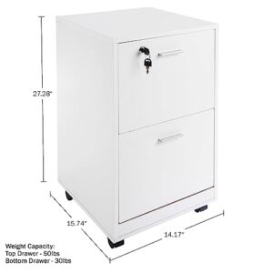 Lavish Home File Cabinet - 2-Drawer Cabinet with Lock and Deep Drawer Storage - Rolling Filing Cabinet for Under The Desk, Home, or Office (White)