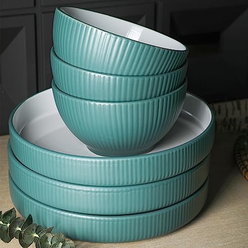 Christian Siriano Larosso 12-Piece Stoneware Dinnerware Set with Dinner Bowls and Pasta Bowls, Plates and Bowls Set, Dish Set for 4, Green