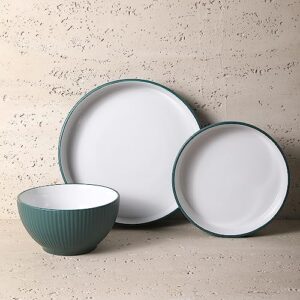 Christian Siriano Larosso 12-Piece Stoneware Dinnerware Set with Dinner Bowls and Pasta Bowls, Plates and Bowls Set, Dish Set for 4, Green