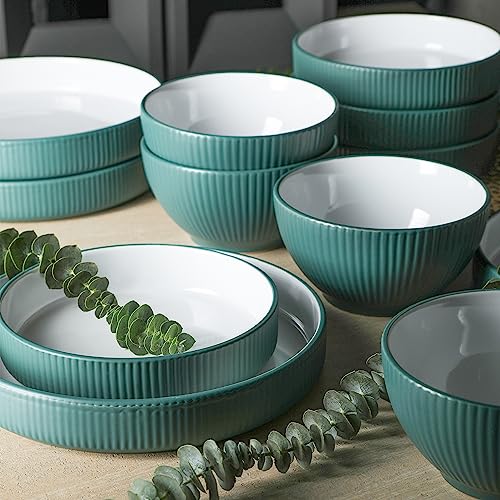 Christian Siriano Larosso 12-Piece Stoneware Dinnerware Set with Dinner Bowls and Pasta Bowls, Plates and Bowls Set, Dish Set for 4, Green