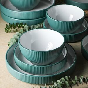 Christian Siriano Larosso 12-Piece Stoneware Dinnerware Set with Dinner Bowls and Pasta Bowls, Plates and Bowls Set, Dish Set for 4, Green