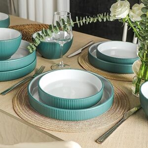 Christian Siriano Larosso 12-Piece Stoneware Dinnerware Set with Dinner Bowls and Pasta Bowls, Plates and Bowls Set, Dish Set for 4, Green