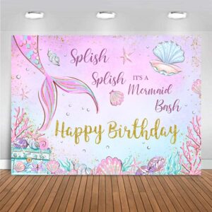 Wollmix Mermaid Happy Birthday Backdrop Decoration Banner 10x7ft Girls Under The Sea Fish Tail Princess Photography Background Party Cake Table Photo Booth Studio Props Supplies