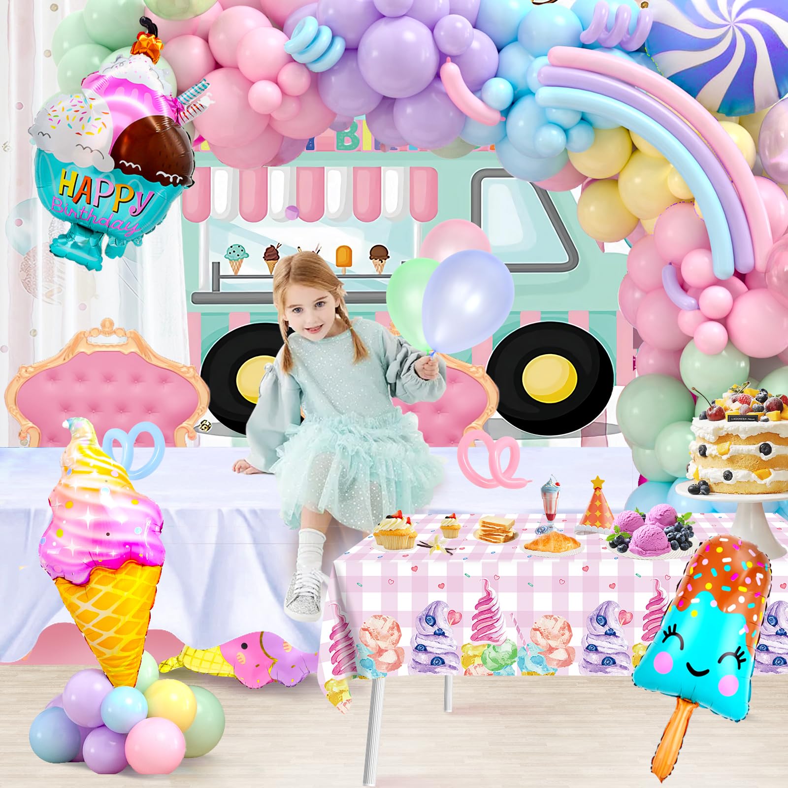 Winrayk Ice Cream Party Decorations Birthday Supplies for Girls, Pastel Ice Cream Balloons Garland Arch Kit Backdrop Tablecloth Candy Long Strip Balloon, Two Sweet Ice Cream Birthday Party Decorations