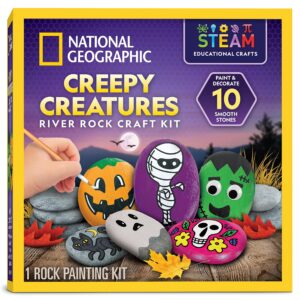 national geographic creepy creatures rock painting kit - halloween arts & crafts kit for kids, decorate 10 river rocks with 10 paint colors & more spooky art supplies, halloween kids toys