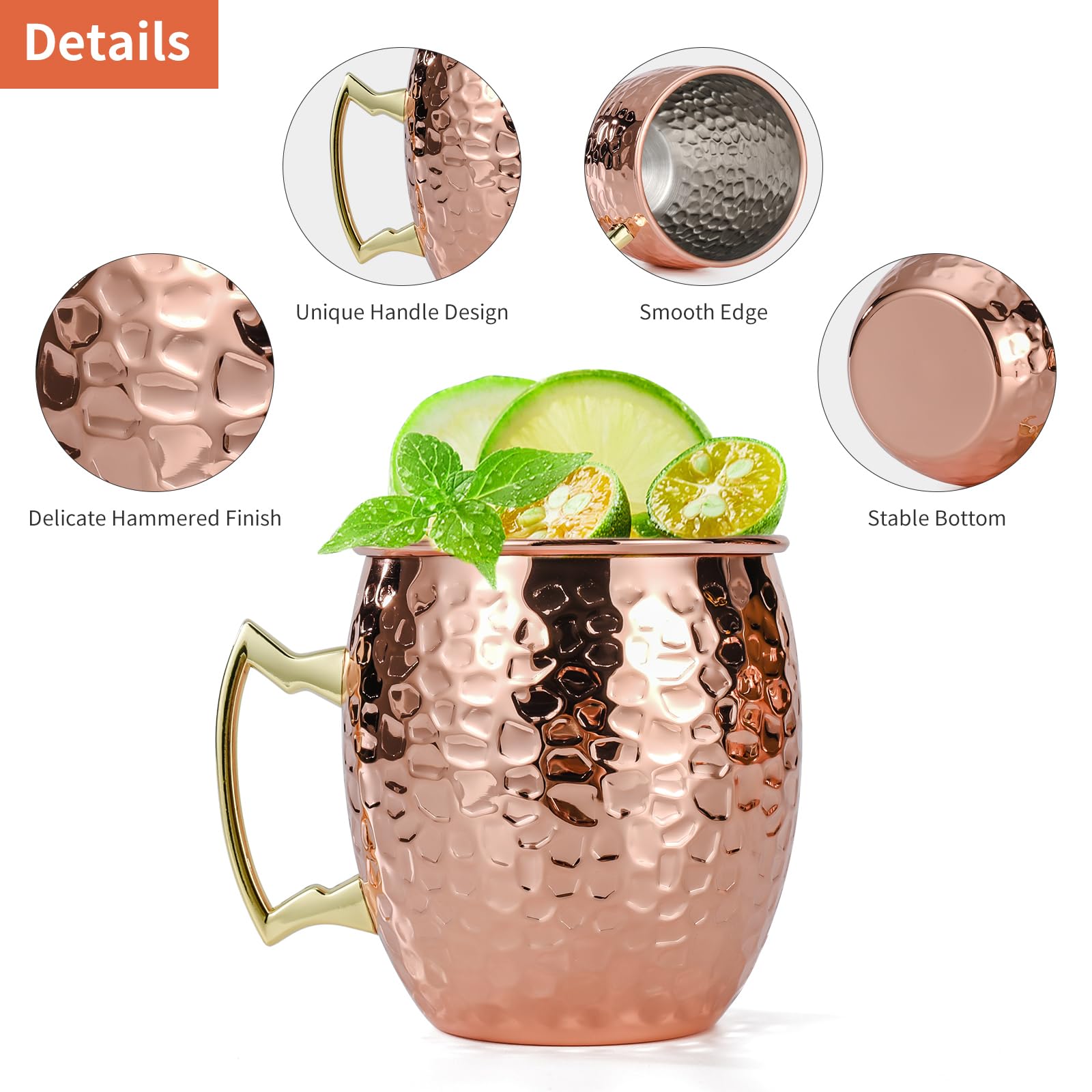 Amrules Moscow Mule Mugs Set of 4, 16 oz Hammered Copper Cups with 304 Stainless Steel Lining and Gold Brass Handles, Perfect for Cold Drinks, Beer, Wine, Bars, Parties, Gifts