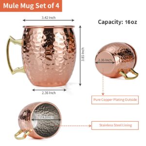 Amrules Moscow Mule Mugs Set of 4, 16 oz Hammered Copper Cups with 304 Stainless Steel Lining and Gold Brass Handles, Perfect for Cold Drinks, Beer, Wine, Bars, Parties, Gifts